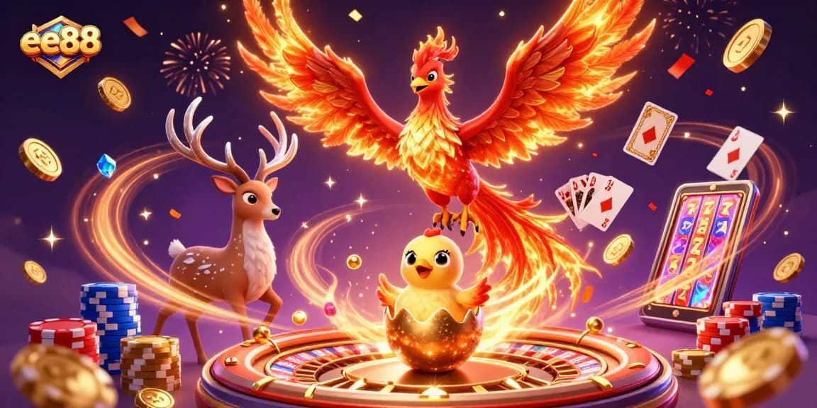 Engage with ee88's dynamic casino scene featuring a phoenix and vibrant slots.