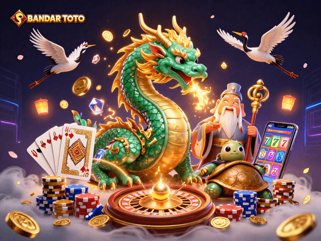 BANDAR TOTO showcases a vibrant casino illustration with a jade dragon, turtle sage, and lucky cranes surrounded by gaming elements.