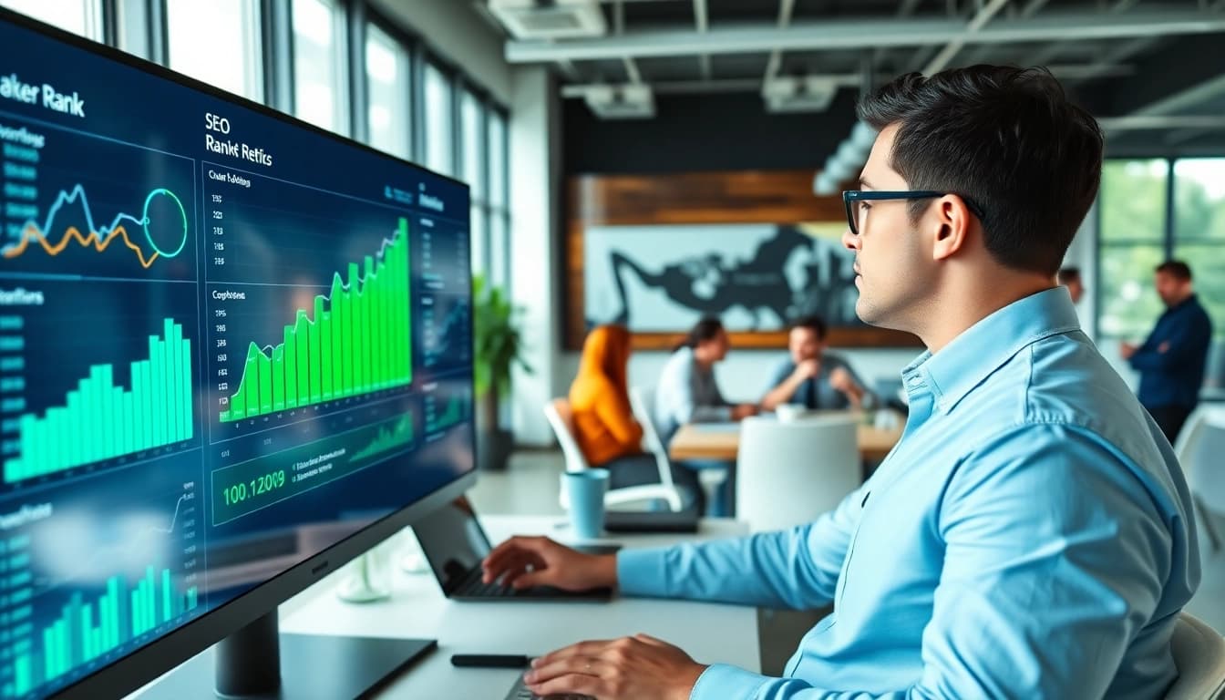 Analyze SEO Rank metrics through a digital marketing dashboard in a modern office setting.