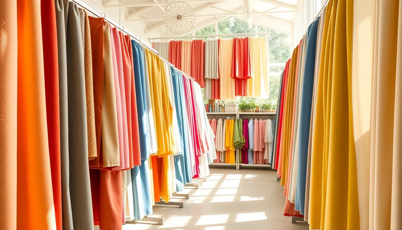 Stoffen webshop Nederland met kleurrijke textielpresentaties in een moderne winkelomgeving.