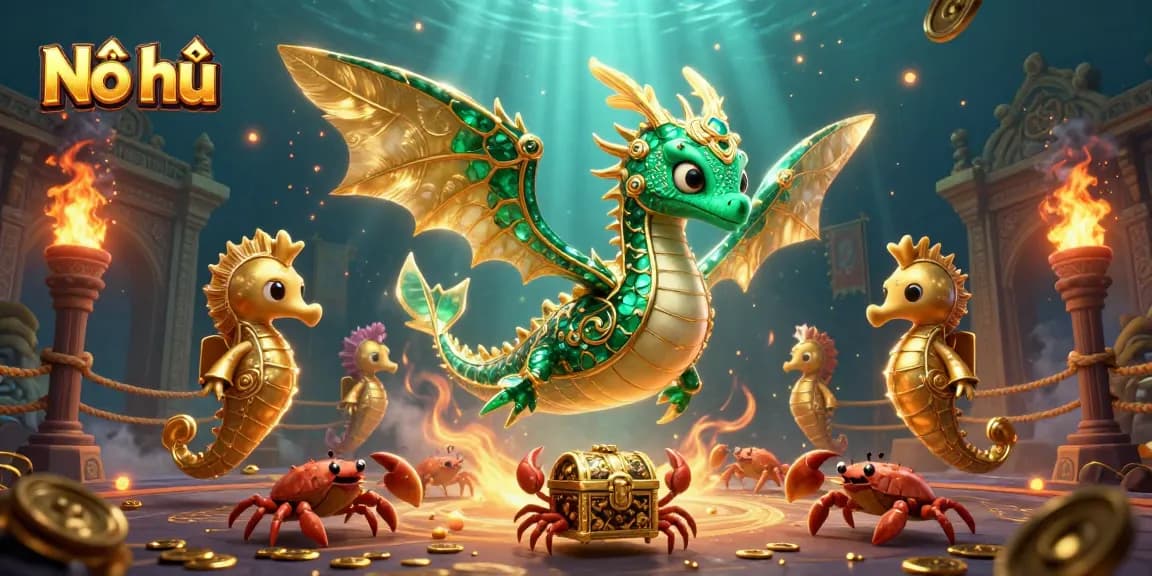 Nổ hũ-themed 3D cartoon sea dragon and royal seahorse amid a colorful treasure scene