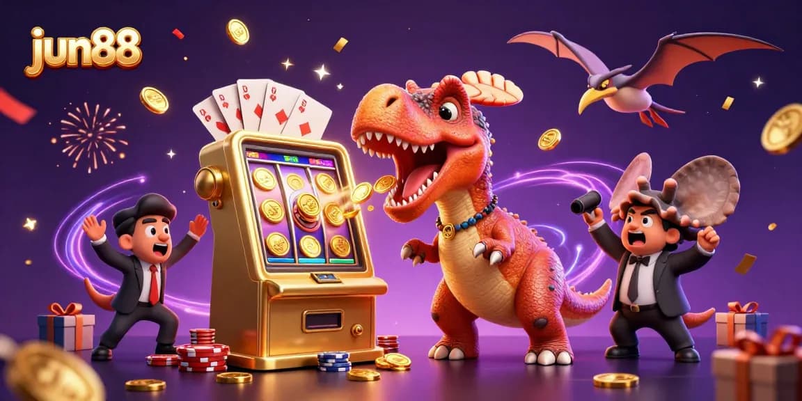 Experience jun88 jackpots as a dinosaur headbutts a slot machine, capturing golden coins!