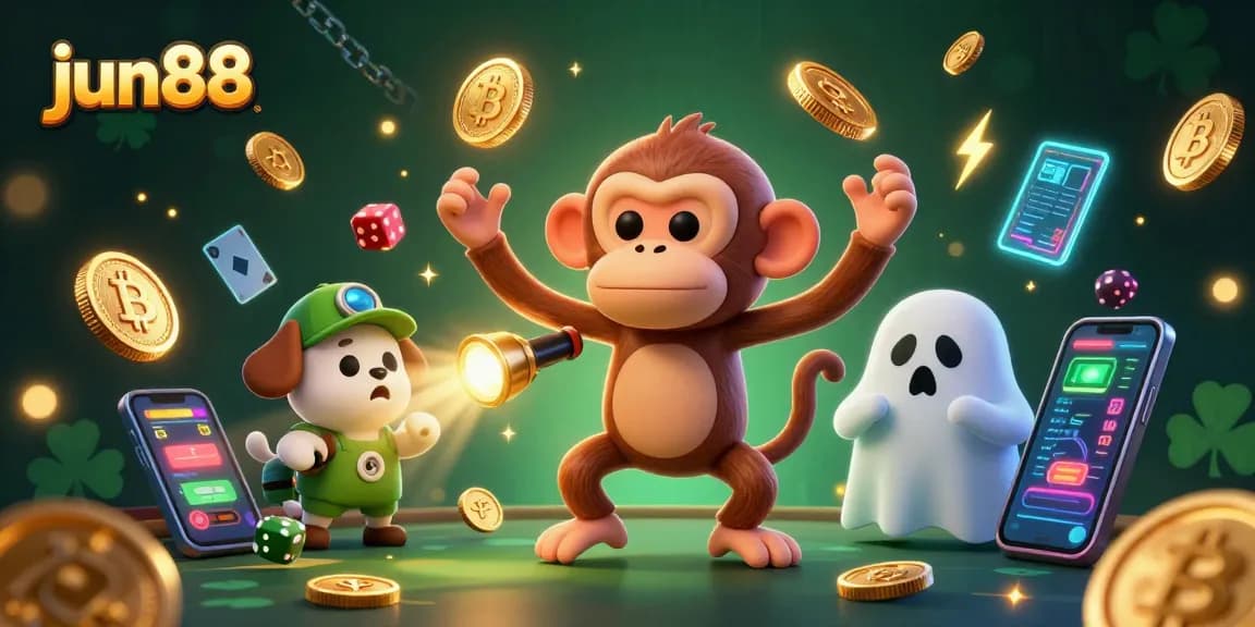 jun88's playful poltergeist monkey juggles coins in a haunted casino, alongside a curios ghost-hunter puppy.