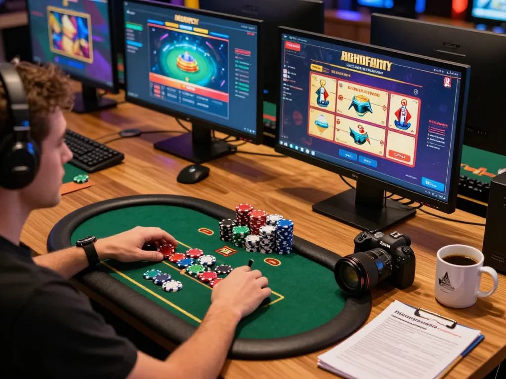 Engaging gameplay with open88c online casino setup, showcasing modern screens and vibrant chips, promoting strategic betting.