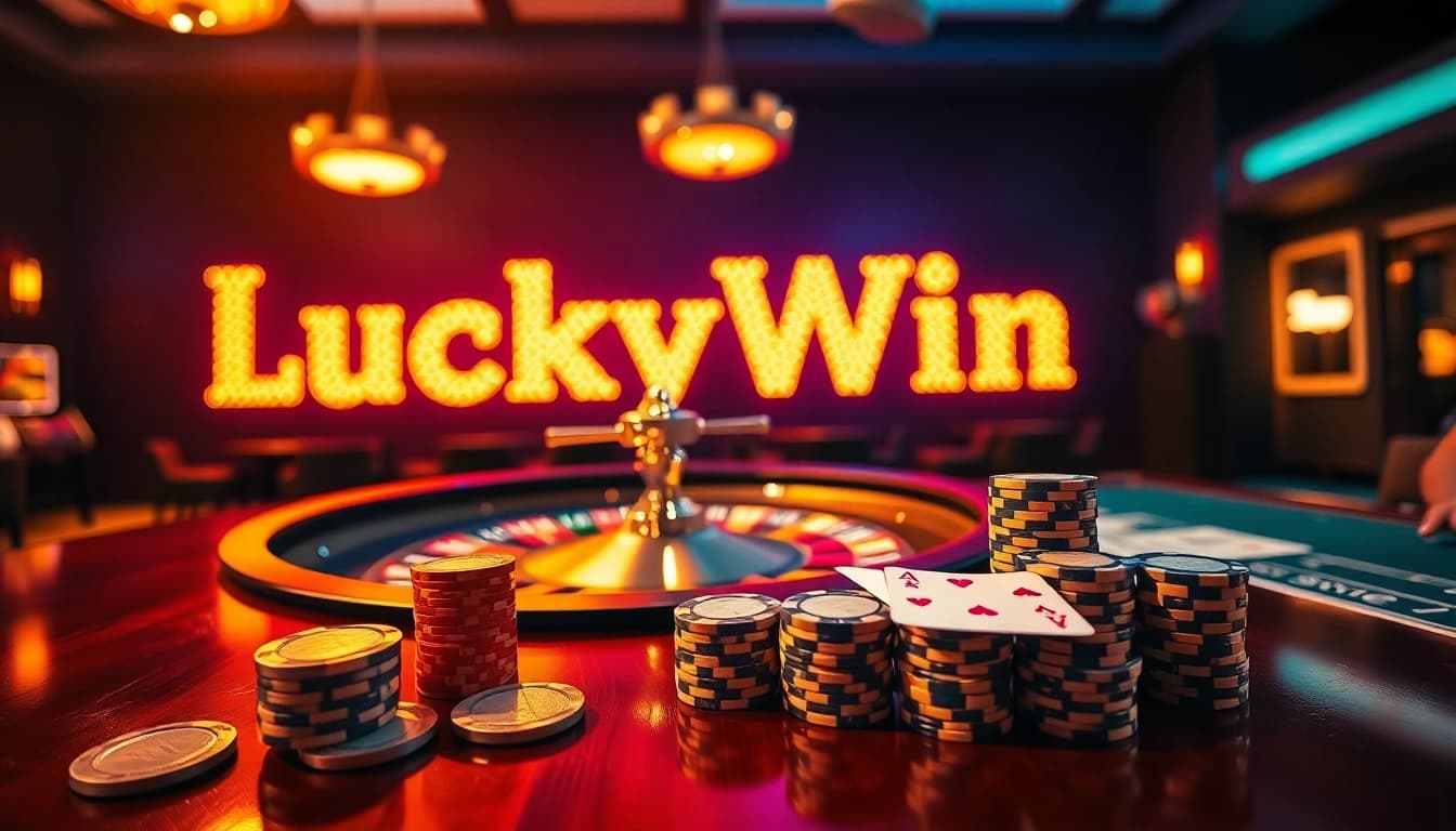 Winning excitement at LuckyWin casino with poker chips and a vibrant roulette wheel.