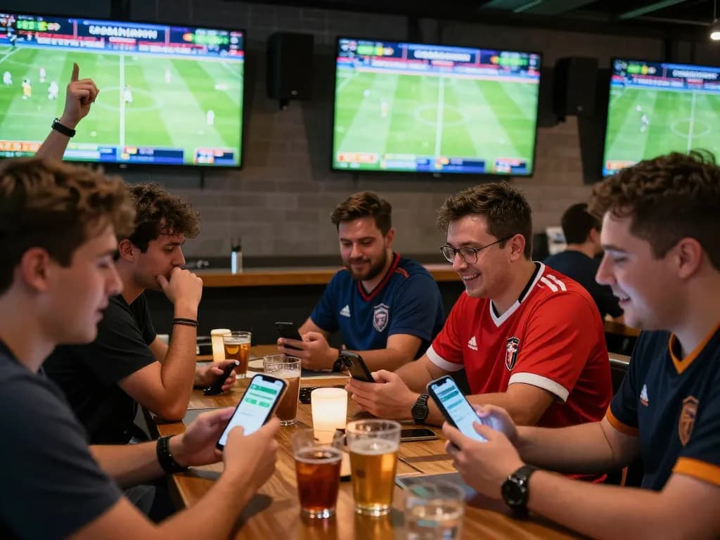 Patrons placing bets and discussing strategies while watching a game on CAKHIATV in a lively sports bar.