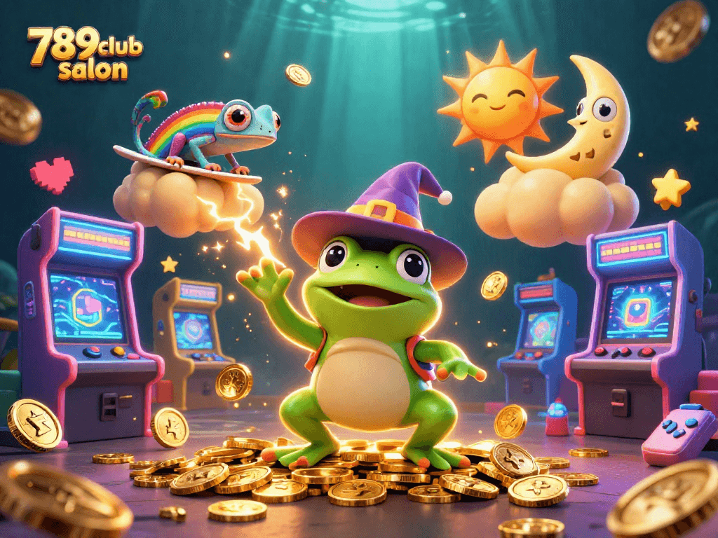 Experience the exciting magic of 789club salon with a captivating scene featuring a weather wizard frog and a rainbow chameleon in a lively casino setting.