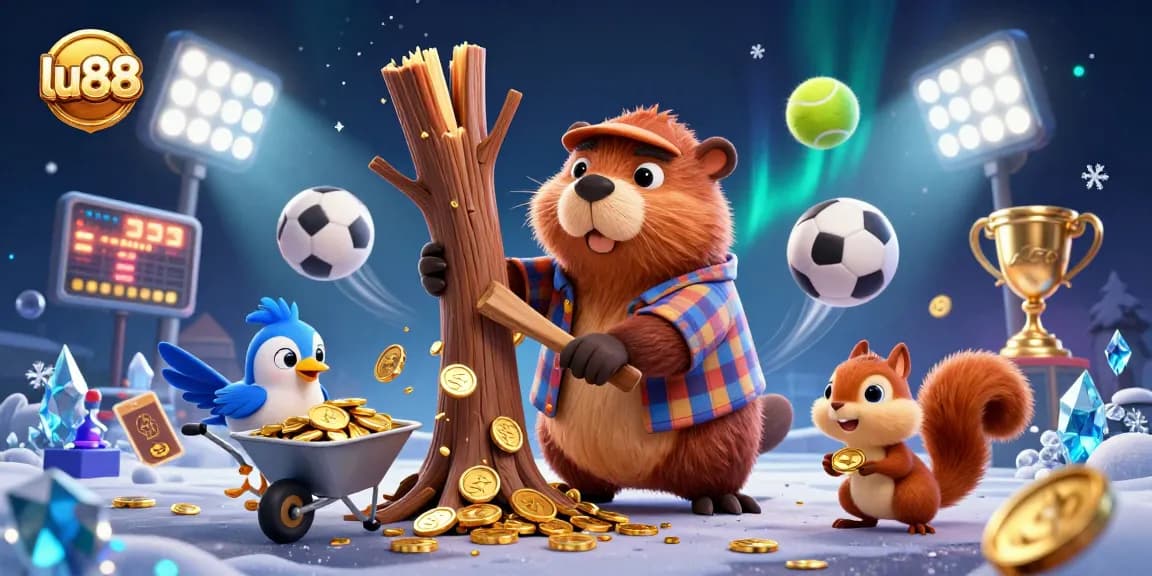 Experience winning fun at lu88 with a vibrant 3D illustration of a beaver and sports elements.