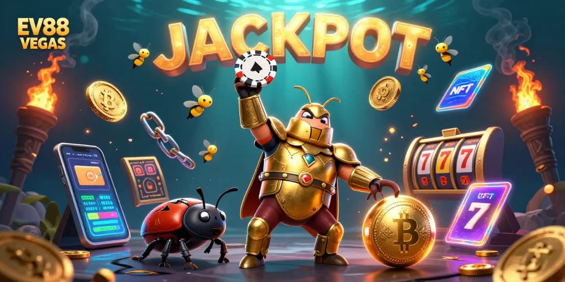 Join the excitement at EV88 VEGAS with a hercules beetle celebrating a jackpot victory surrounded by vibrant casino graphics.