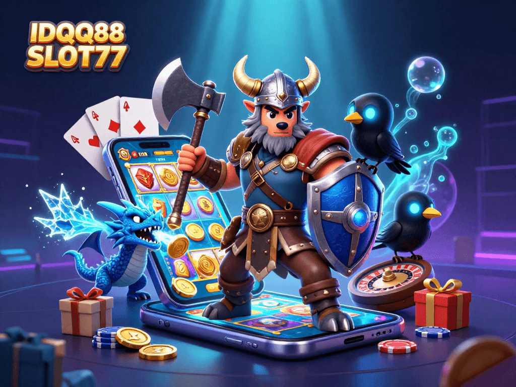 IDQQ88 SLOT77 offers thrilling slots with a Viking warrior and icy dragon for an exciting gaming experience.