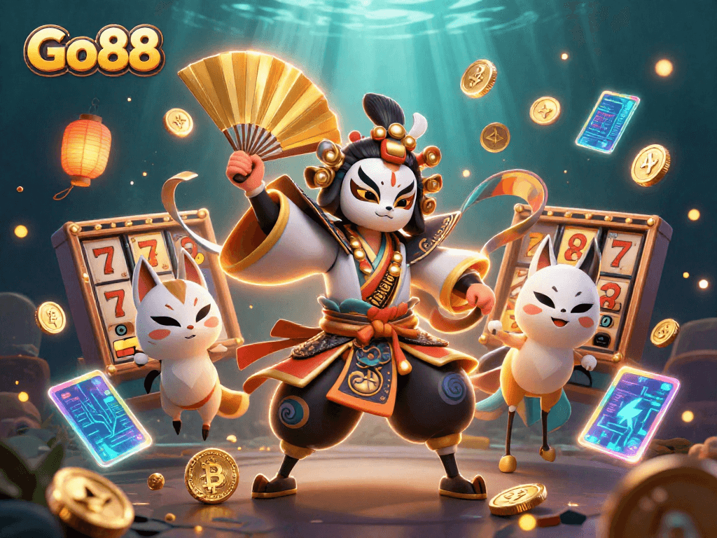 Join the excitement at Go88 with captivating slot games and 3D animation elements in a vibrant casino scene.