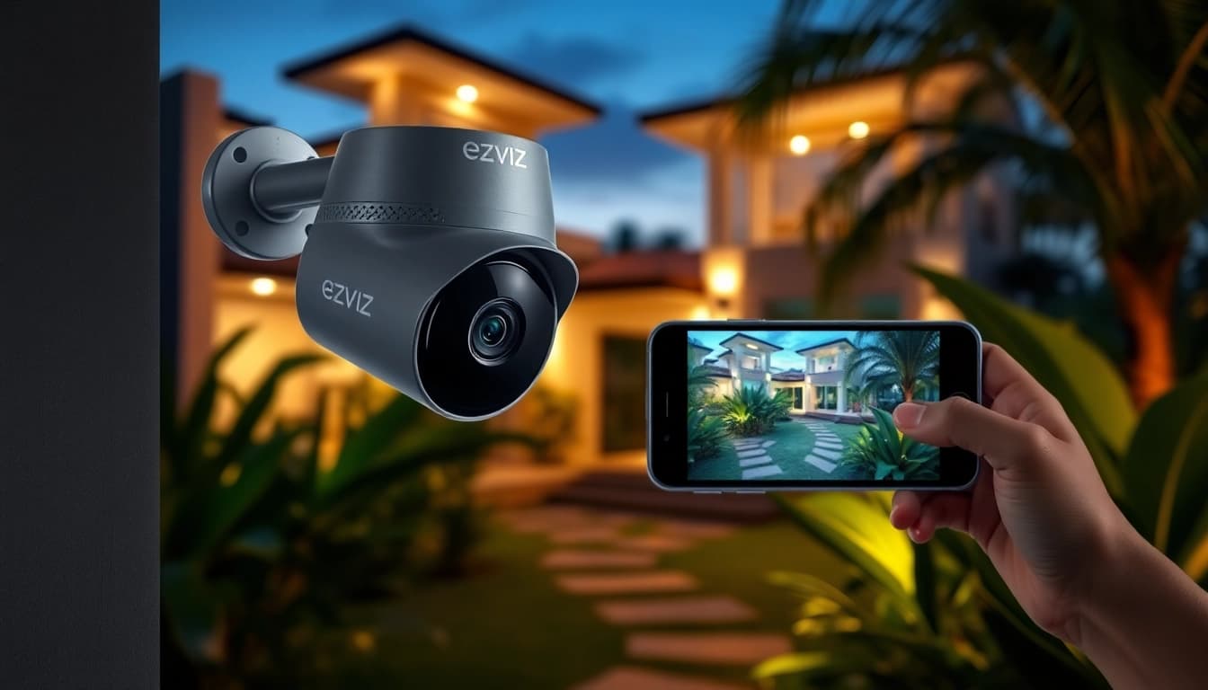 Cámaras Ezviz de alta tecnología en acción, vigilando una casa moderna en Guanacaste.