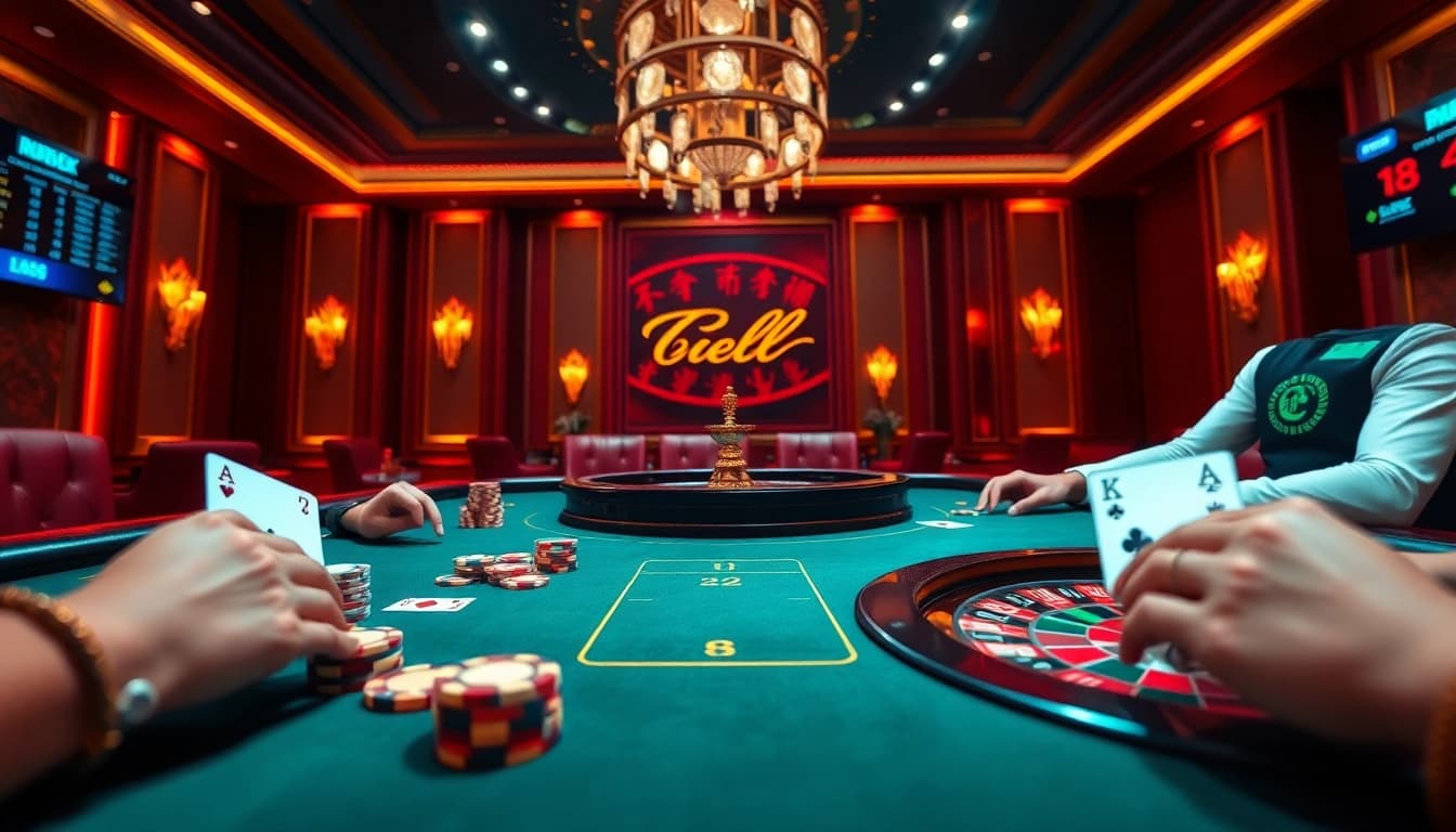 Engaging scene of professional gamblers at a luxurious table highlighting 壹發娛樂 casino excitement with poker chips and roulette.