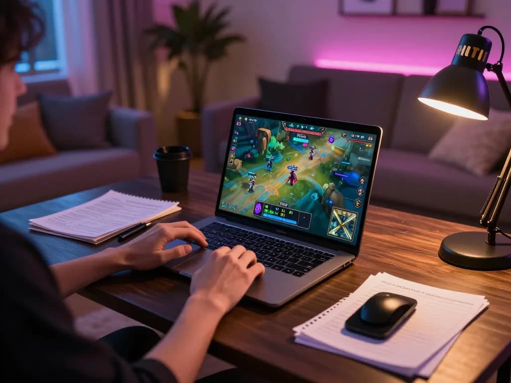 Playing game bài đổi thưởng HITCLUB on a laptop in a cozy home setting