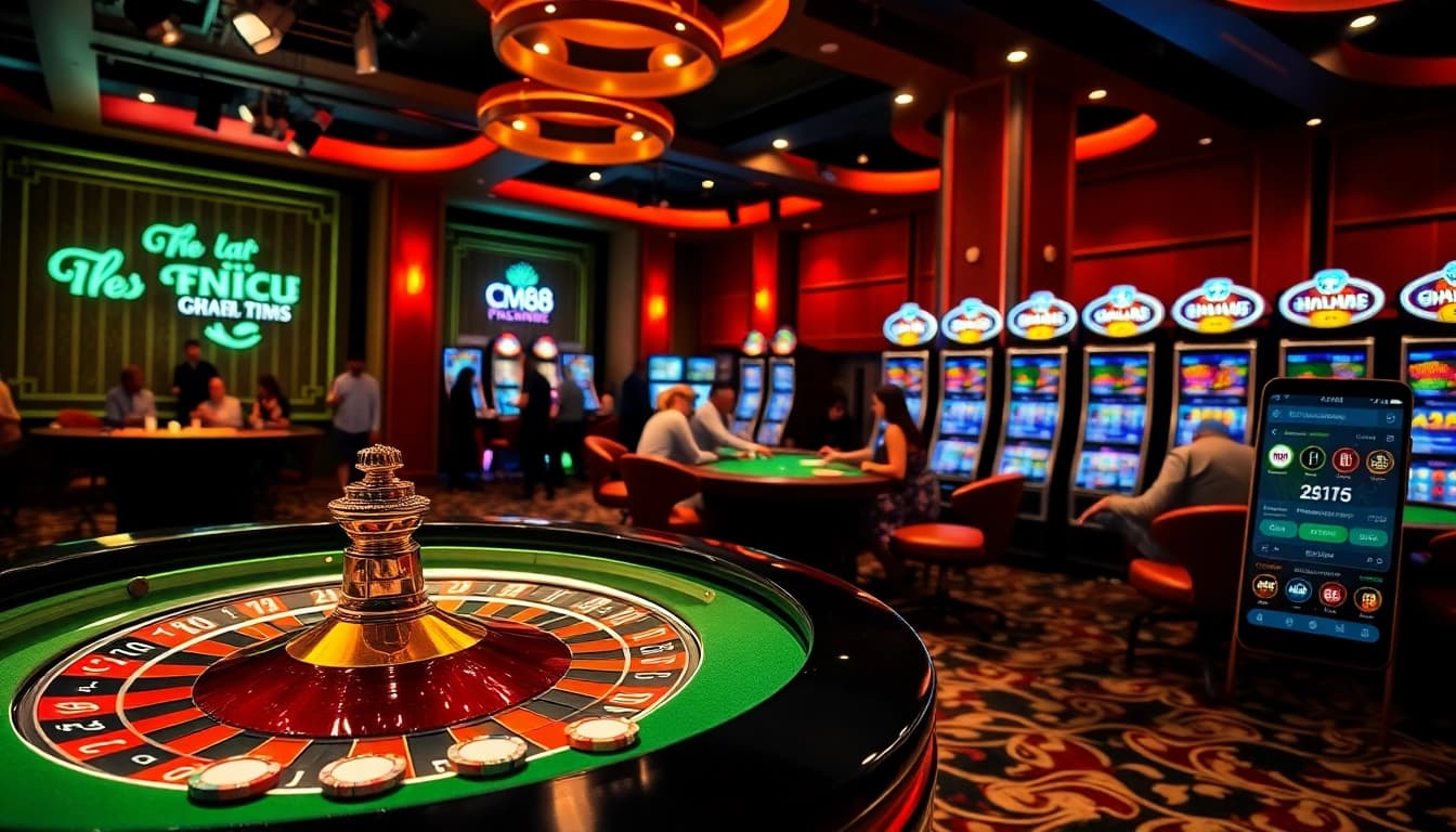 Players engaging in strategic gameplay at CM88's luxurious casino, showcasing roulette and poker excitement.