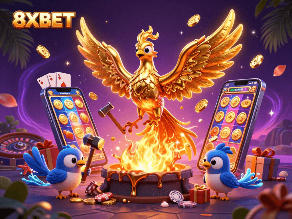 Experience 8XBET with a dynamic scene of a golden phoenix and vibrant casino elements.