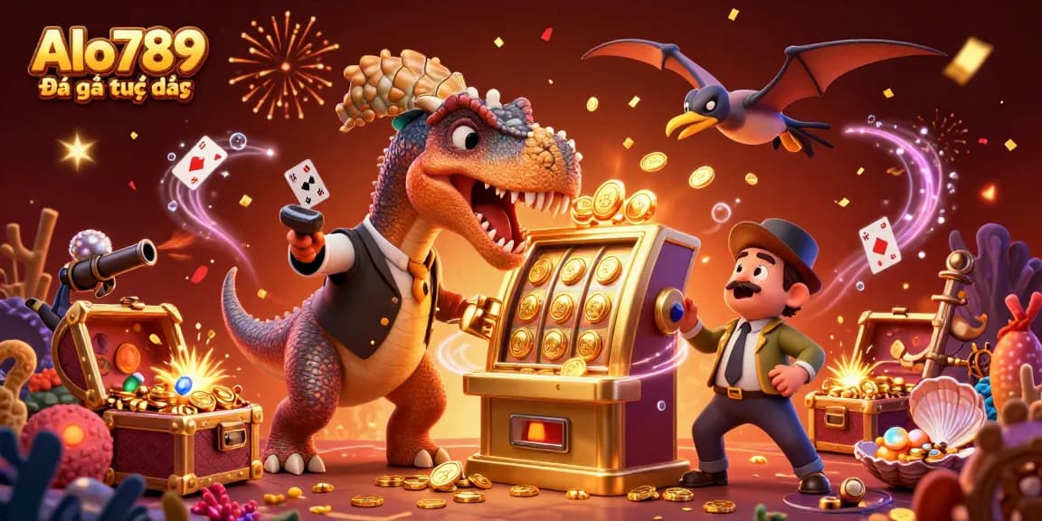 Alo789 Đá gà trực tiếp showcases a 3D pachycephalosaurus winning a jackpot, surrounded by casino elements and excitement.