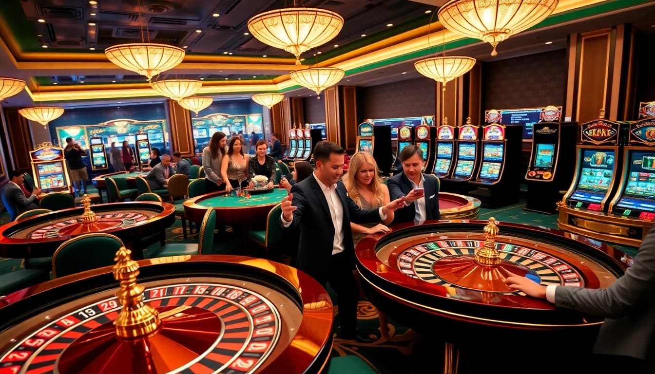 Experience the allure of say88 with vibrant gaming tables and excited players in a luxurious casino atmosphere.