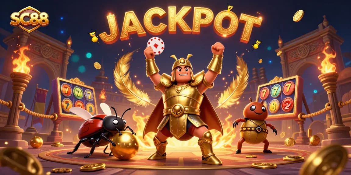 SC88 illuminates the casino scene with beetles celebrating a jackpot in a vibrant, detailed arena.