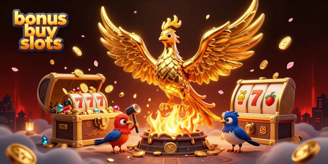 Transform your luck with bonus buy slots as a golden phoenix rises amidst treasure.