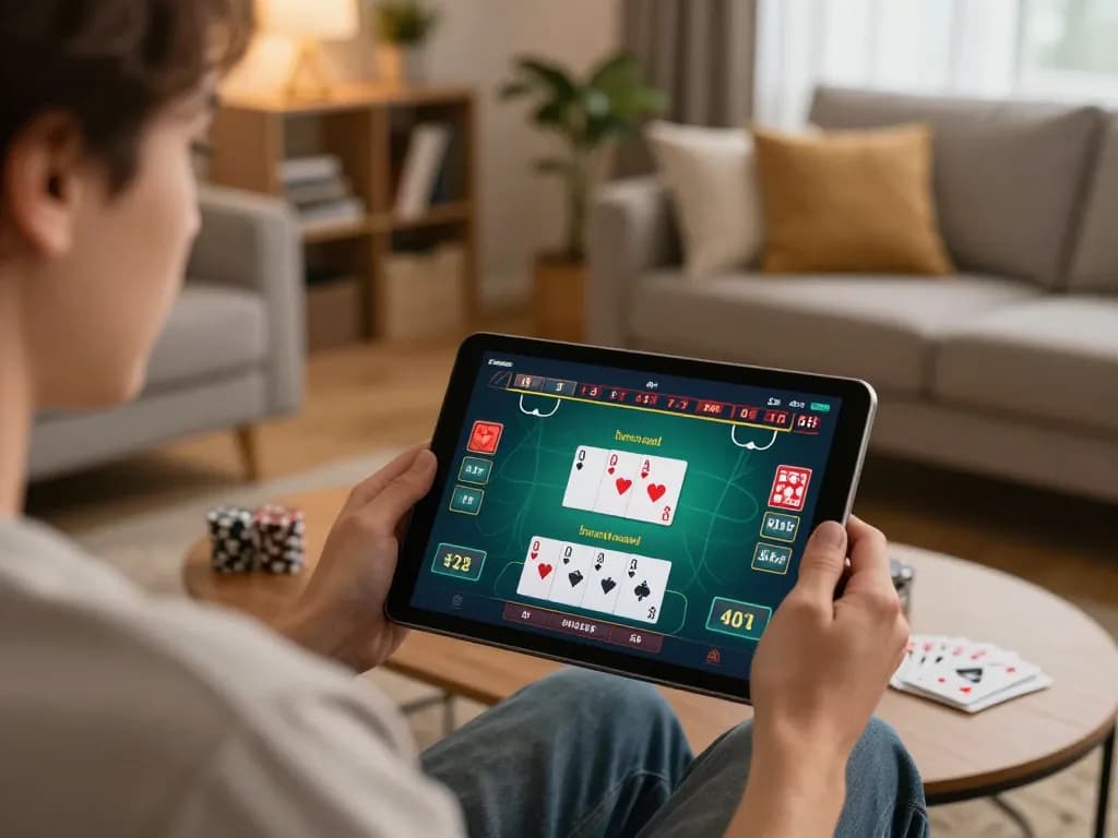 Engaged player using MK8 online casino app for strategic bets and gameplay analysis in a cozy setting.