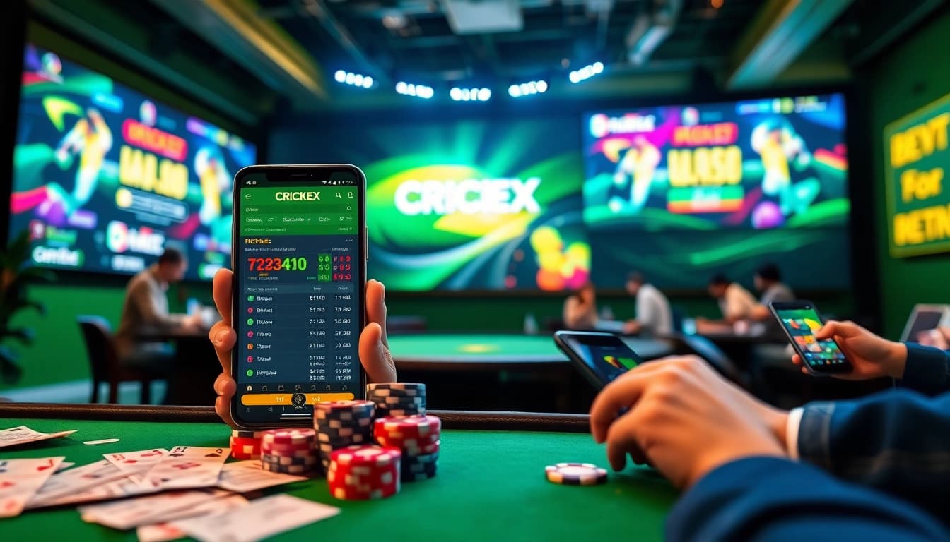 Experience dynamic cricket betting with Crickex.fit, showcasing engaging online interfaces and vibrant promotional elements.