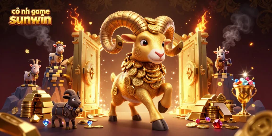 Experience the thrill of cổng game sunwin with a dynamic golden ram charging through treasures, surrounded by riches.
