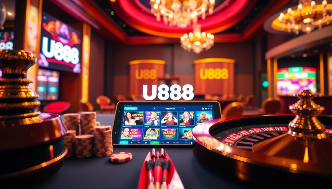 Experience the thrill of Nhà cái U888 with a vibrant casino scene featuring a roulette wheel and live dealer.