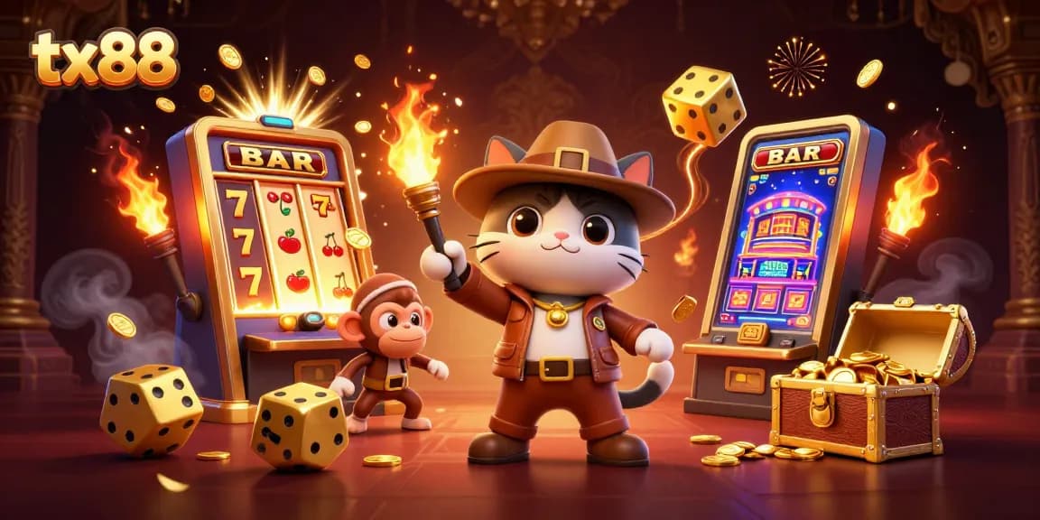Experience the thrill of tx88 with a cartoon explorer cat and treasures in a vibrant casino scene.