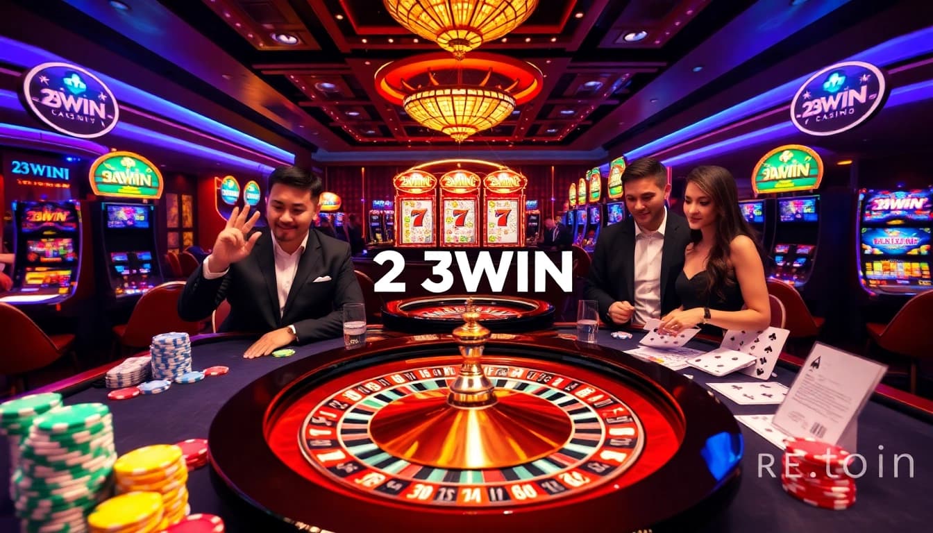 Experience the thrill of 23WIN with vibrant casino elements, including games, chips, and online interfaces.