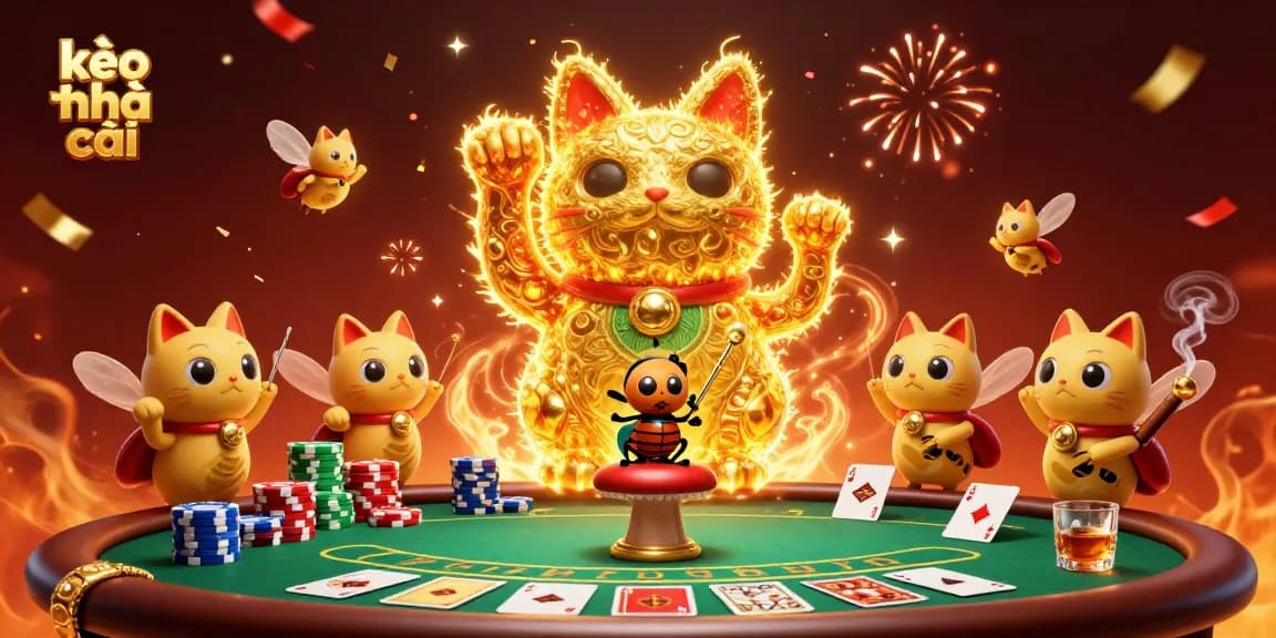 Experience thrilling kèo nhà cái moments with a lively scene of a lucky cat and dynamic casino symbols.