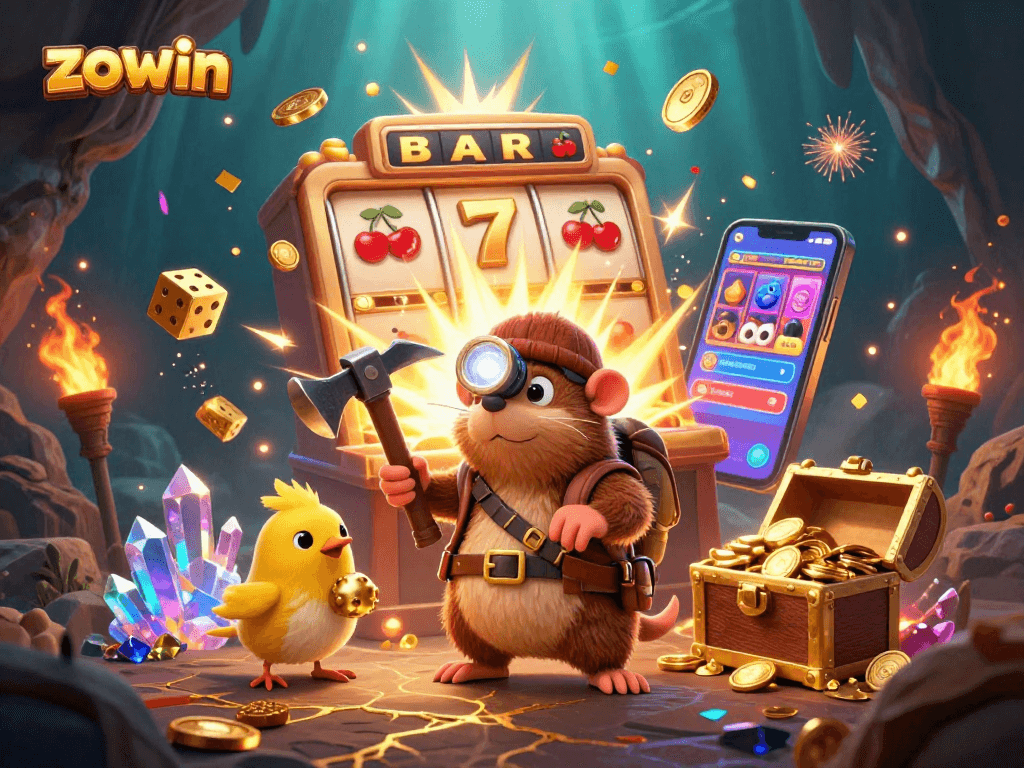 Zowin captures thrilling moments with a treasure hunter mole discovering riches in a vibrant casino world.