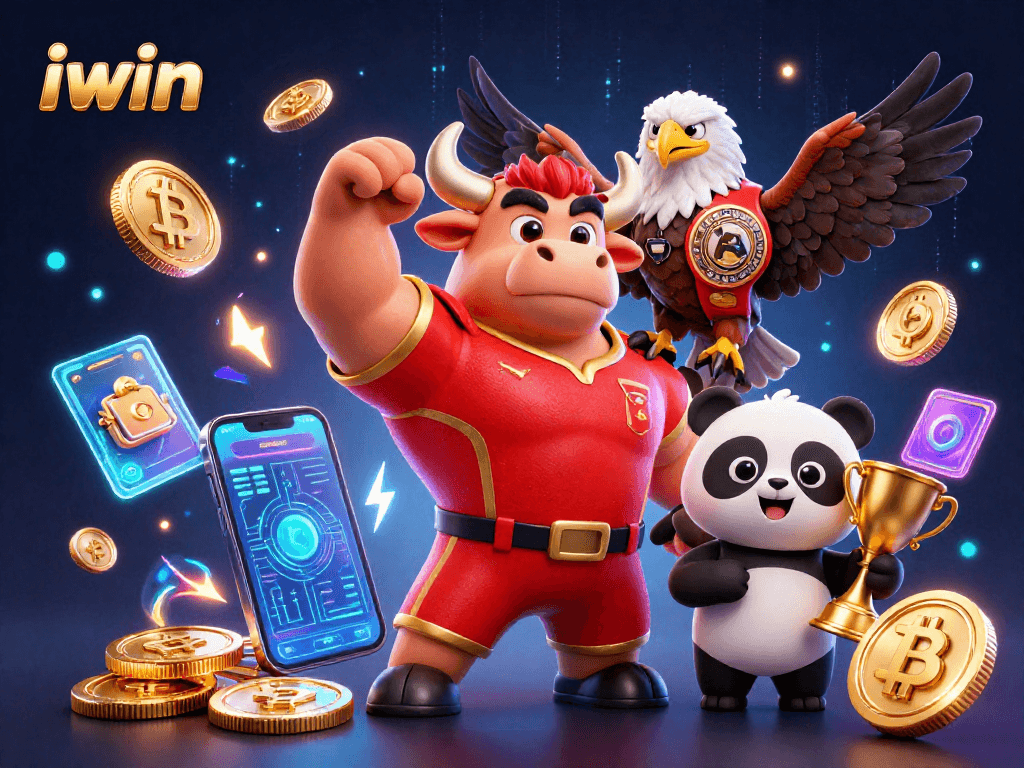 Engage with exciting iwin casino features led by a muscular bull, eagle, and cheerful panda!