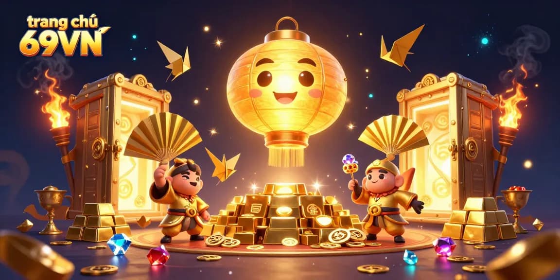 Experience excitement at trang chủ 69VN with a vibrant casino scene featuring golden lantern spirit and gaming treasures.