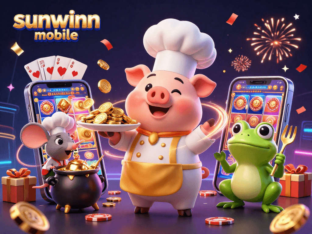 Thưởng thức sunwinn mobile với một bữa tiệc vàng và món ăn, game slot thú vị