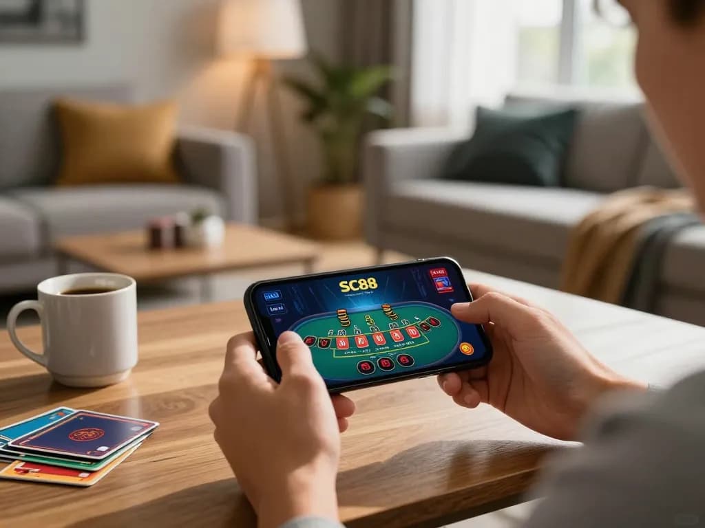 Engaging in live dealer blackjack on SC88 mobile app in cozy living room setting