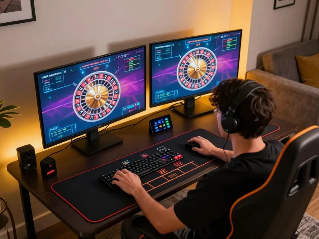 Player strategizing on gtatogel online roulette, showcasing advanced betting techniques and a sleek gaming setup
