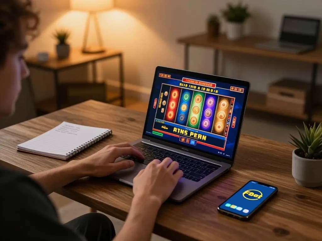 Player spinning reels on F8bet online slot game, cozy gaming setup in home environment