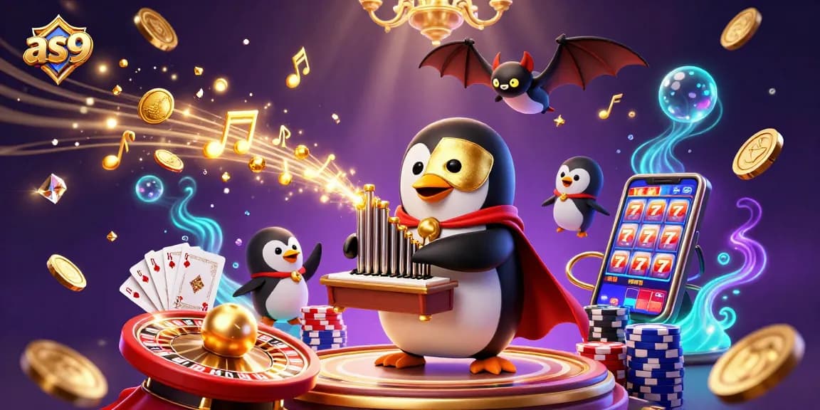 Experience the magic of as9 with a cartoon penguin playing winning tunes as golden coins rain down!