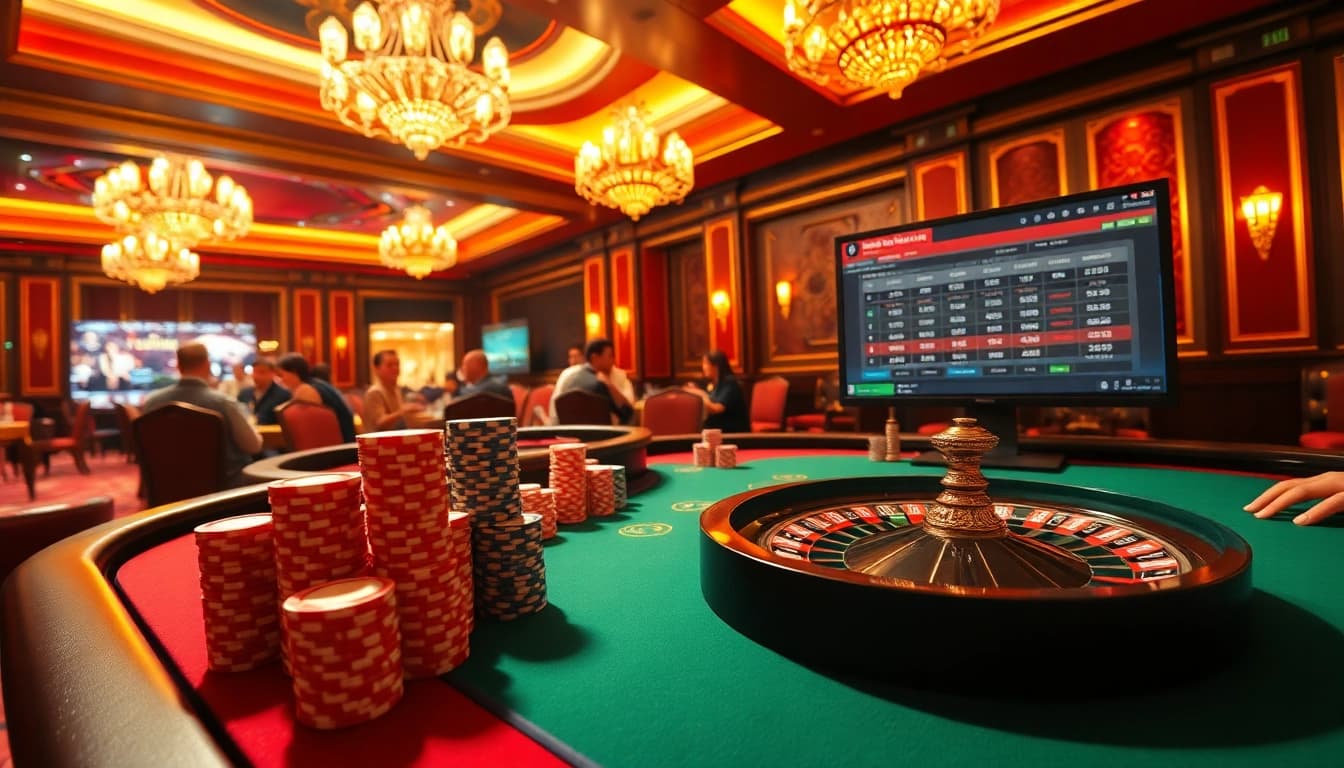 Xôi lạc players enjoying a high-stakes poker game in an upscale casino environment.