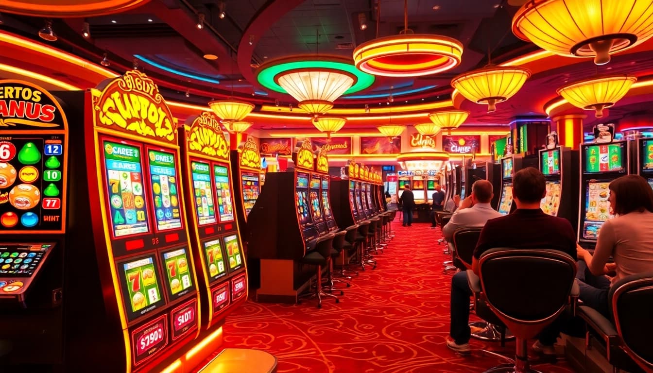 Players enjoying the excitement of idnslot games on vibrant slot machines with captivating designs.
