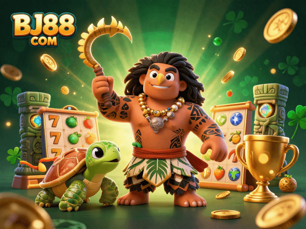 Experience slots at BJ88 COM with a Polynesian demigod and lucky symbols illuminating the scene.