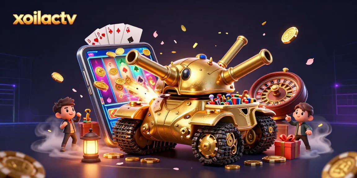Experience thrilling gaming at xoilactv with vibrant slot games, golden coins, and a dynamic casino setting.