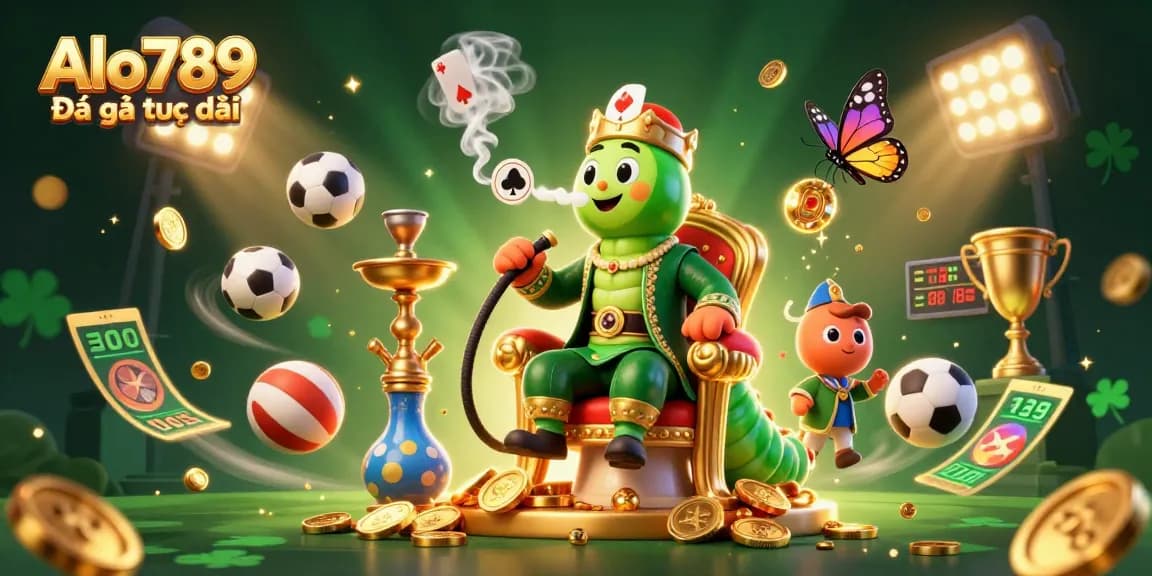 Alo789 Đá gà trực tiếp showcases a vibrant 3D scene featuring dynamic sports elements and a whimsical caterpillar character.