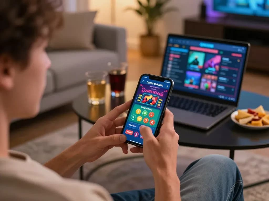 Engaging mobile gaming experience on LuckyWin app while seated in a cozy home, highlighting strategic gaming.