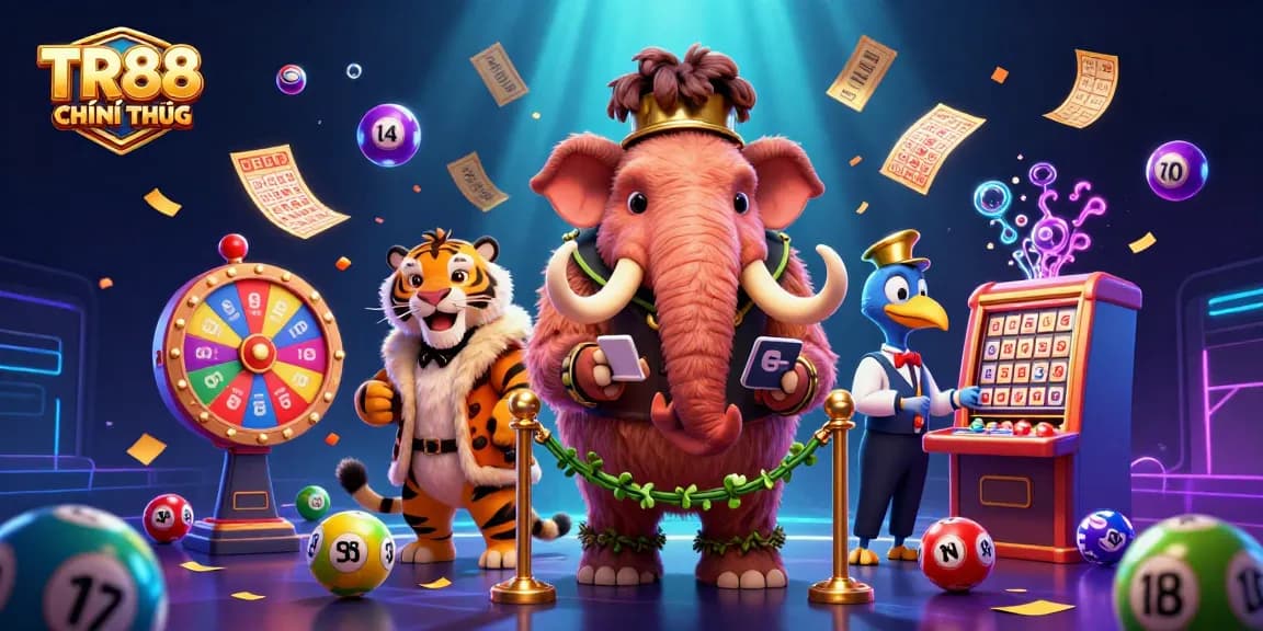 Engage with the vibrant world of TR88 CHÍNH THỨC, featuring a cartoon bouncer, VIP guest, and doorman in a thrilling casino scene.