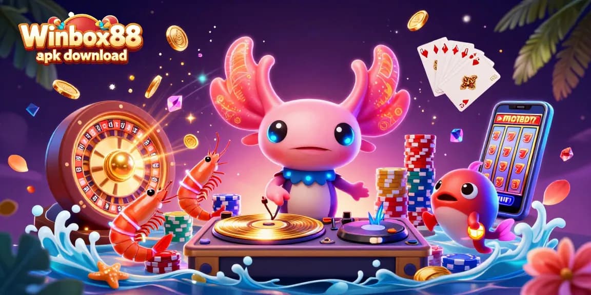 Winbox88 apk download featuring vibrant casino elements with a dynamic 3D cartoon scene.