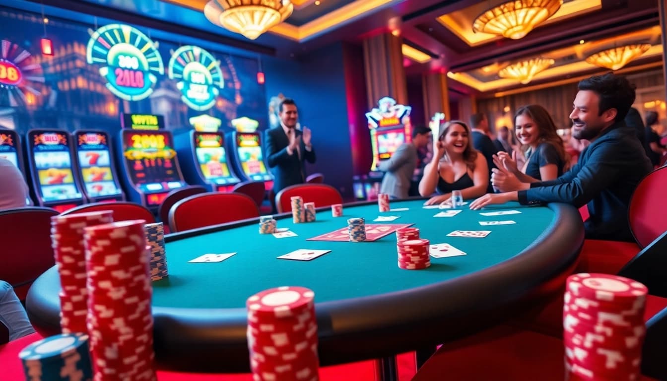 8k8 players engaged in a thrilling poker game amidst a vibrant casino atmosphere, showcasing excitement.