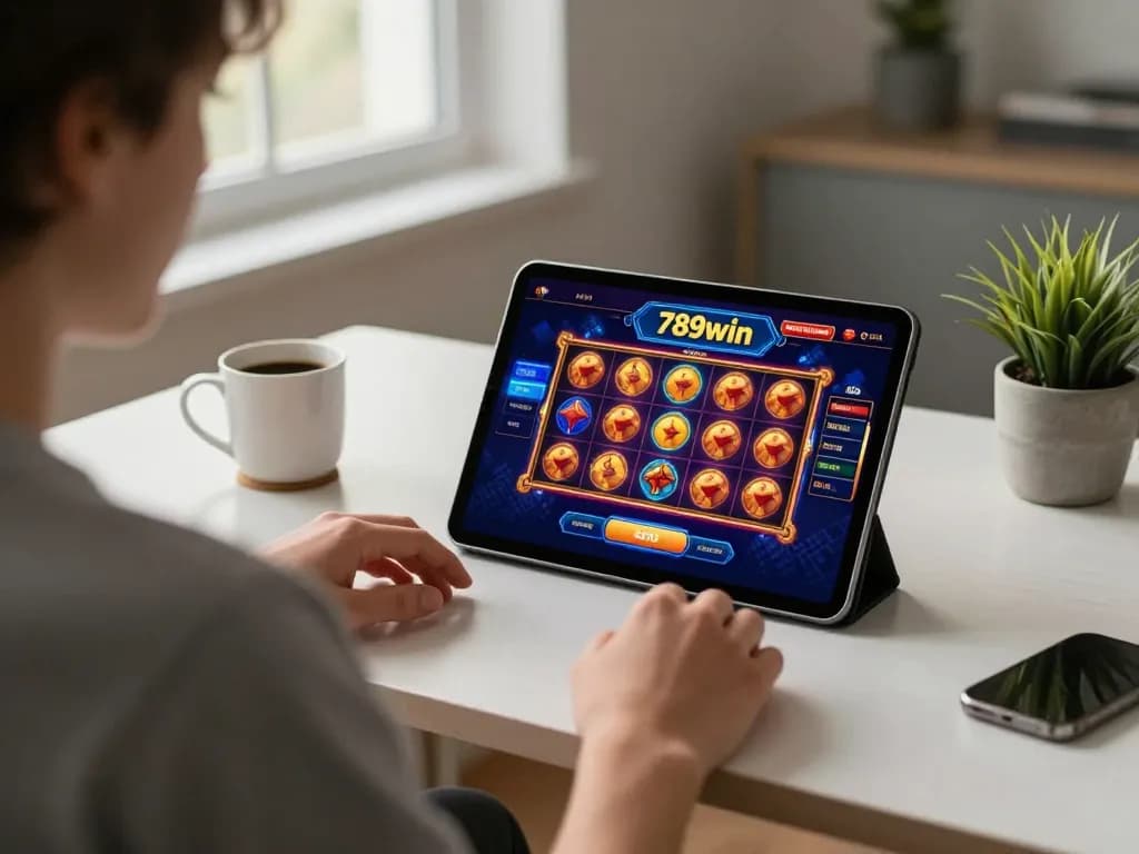 Engaged player using 789win tablet for online slot games in a cozy workspace.