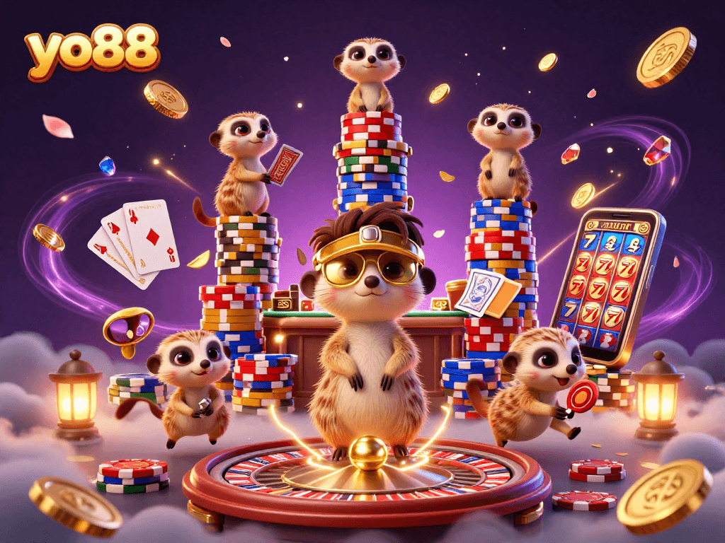 Experience thrilling gameplay at yo88 with vibrant meerkats overseeing exciting casino operations.